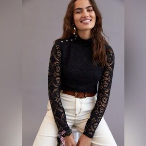 Anthropologie Maeve NWT Black Mock Neck Lace Top Sz L